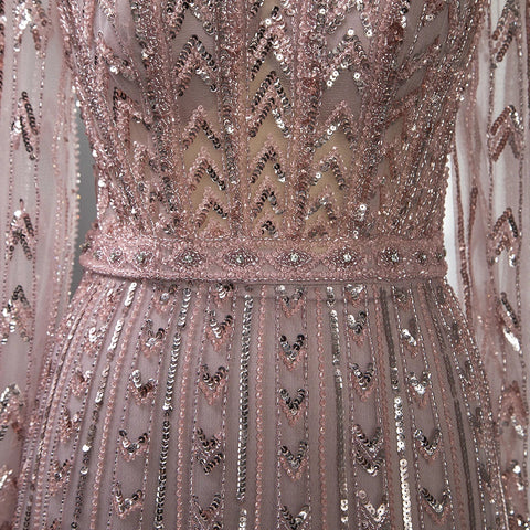 Pink Mermaid Elegant O-Neck Long SleevesEvening Dresses Gowns Luxury Beaded 2025 For Woman Party LA71696