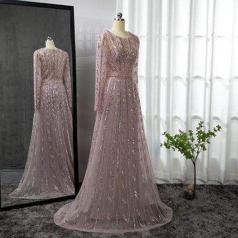 Pink Mermaid Elegant O-Neck Long SleevesEvening Dresses Gowns Luxury Beaded 2025 For Woman Party LA71696