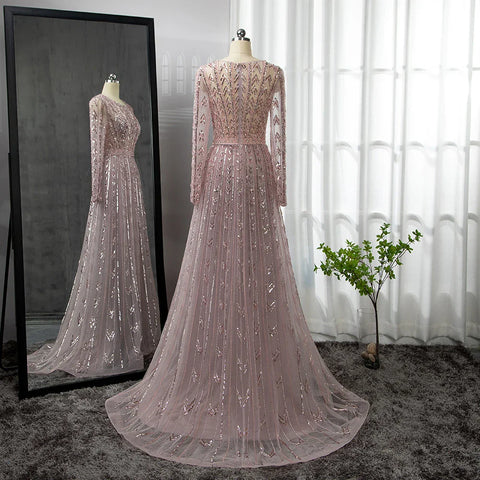Pink Mermaid Elegant O-Neck Long SleevesEvening Dresses Gowns Luxury Beaded 2025 For Woman Party LA71696