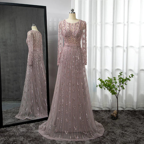 Pink Mermaid Elegant O-Neck Long SleevesEvening Dresses Gowns Luxury Beaded 2025 For Woman Party LA71696