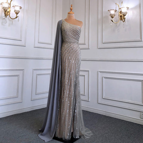 Pink Mermaid Elegant One-Shoulder Cape Sleeve Evening Dresses Gowns 2025 High Split Luxury  Beaded LA71708