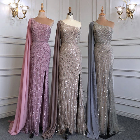 Pink Mermaid Elegant One-Shoulder Cape Sleeve Evening Dresses Gowns 2025 High Split Luxury  Beaded LA71708