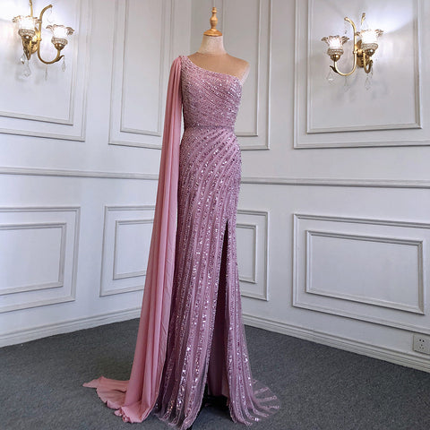 Pink Mermaid Elegant One-Shoulder Cape Sleeve Evening Dresses Gowns 2025 High Split Luxury  Beaded LA71708