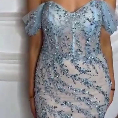 Pink Mermaid Elegant Sexy Off ShoulderEvening Dresses Gowns Luxury Beaded Off The Shoulder For Woman Party LA71653