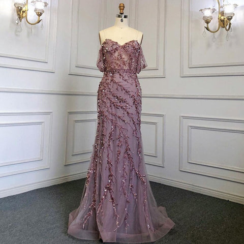 Pink Mermaid Elegant Sexy Off ShoulderEvening Dresses Gowns Luxury Beaded Off The Shoulder For Woman Party LA71653