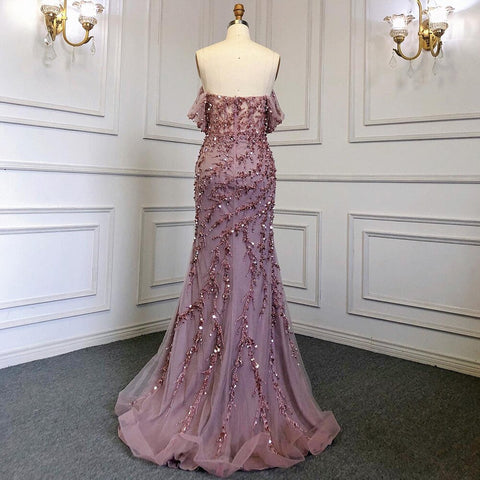 Pink Mermaid Elegant Sexy Off ShoulderEvening Dresses Gowns Luxury Beaded Off The Shoulder For Woman Party LA71653
