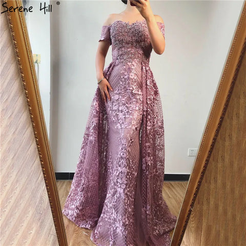 Pink Mermaid Elegant Short Sleeve Flowers Evening Dresses 2025 Dubai Sexy Off Shoulder Lace Crystal Gowns LA70200