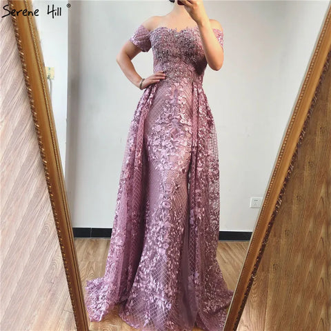 Pink Mermaid Elegant Short Sleeve Flowers Evening Dresses 2025 Dubai Sexy Off Shoulder Lace Crystal Gowns LA70200
