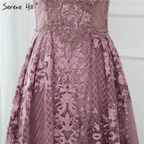 Pink Mermaid Elegant Short Sleeve Flowers Evening Dresses 2025 Dubai Sexy Off Shoulder Lace Crystal Gowns LA70200