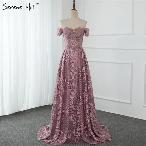 Pink Mermaid Elegant Short Sleeve Flowers Evening Dresses 2025 Dubai Sexy Off Shoulder Lace Crystal Gowns LA70200