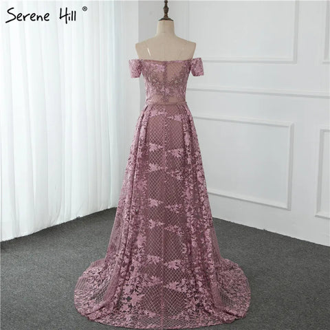 Pink Mermaid Elegant Short Sleeve Flowers Evening Dresses 2025 Dubai Sexy Off Shoulder Lace Crystal Gowns LA70200