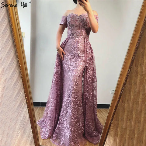 Pink Mermaid Elegant Short Sleeve Flowers Evening Dresses 2025 Dubai Sexy Off Shoulder Lace Crystal Gowns LA70200