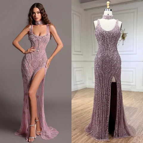 Pink Mermaid Elegant Sleeveless High Split Luxury Dubai Evening Dresses Gowns For Women Wedding Party 2025 LA72259