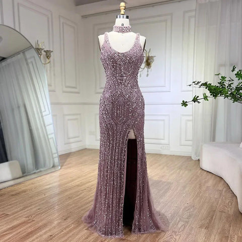 Pink Mermaid Elegant Sleeveless High Split Luxury Dubai Evening Dresses Gowns For Women Wedding Party 2025 LA72259