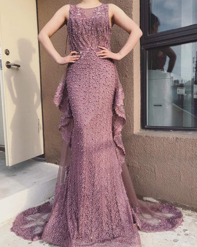Pink Mermaid Elegant Sleeveless Sexy Evening Dresses Pearls Fashion Off Shoulder Gowns Luxury Beaded 2025 LA6527