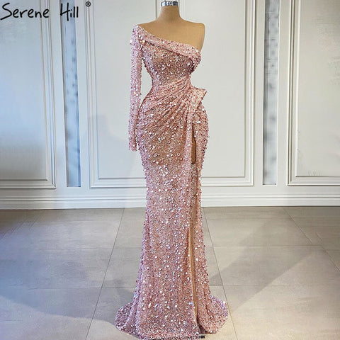 Vestidos de noche con abertura alta y corte sirena rosa, de lujo, con cuentas, elegantes, para mujer, para fiesta, LA71244 