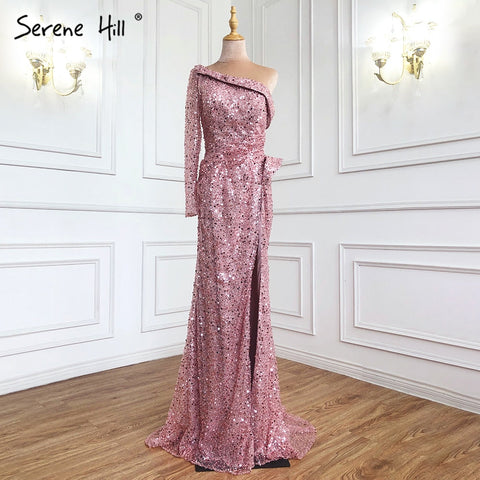 Vestidos de noche con abertura alta y corte sirena rosa, de lujo, con cuentas, elegantes, para mujer, para fiesta, LA71244 