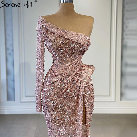 Vestidos de noche con abertura alta y corte sirena rosa, de lujo, con cuentas, elegantes, para mujer, para fiesta, LA71244 