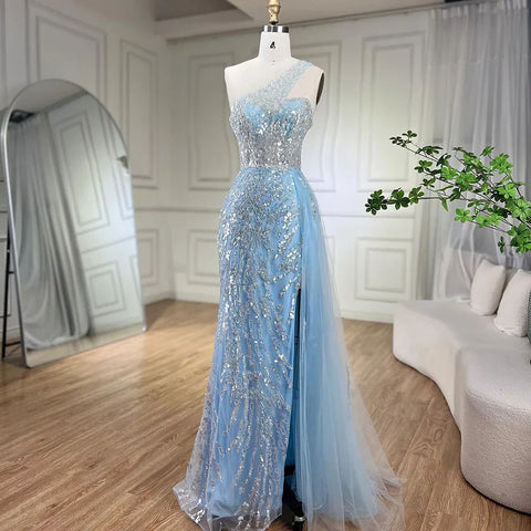 Pink Mermaid Overskirt Evening Dresses Gowns 2025 One Shoulder Beaded Elegant For Women Party LA71616