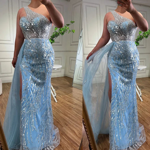 Pink Mermaid Overskirt Evening Dresses Gowns 2025 One Shoulder Beaded Elegant For Women Party LA71616