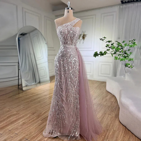 Pink Mermaid Overskirt Evening Dresses Gowns 2025 One Shoulder Beaded Elegant For Women Party LA71616