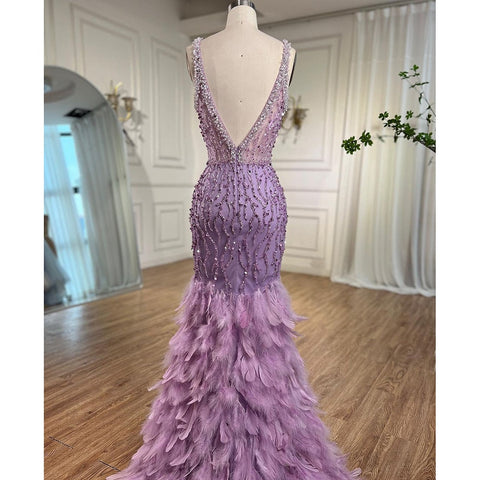 Pink Mermaid Sexy High Split V Neck Evening Dresses Feather Beaded Gowns Long 2025 For Women Wedding Party LA72152