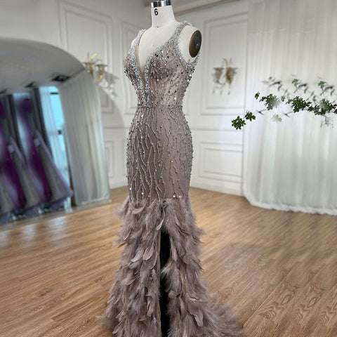 Pink Mermaid Sexy High Split V Neck Evening Dresses Feather Beaded Gowns Long 2025 For Women Wedding Party LA72152