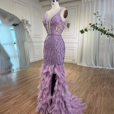 Pink Mermaid Sexy High Split V Neck Evening Dresses Feather Beaded Gowns Long 2025 For Women Wedding Party LA72152
