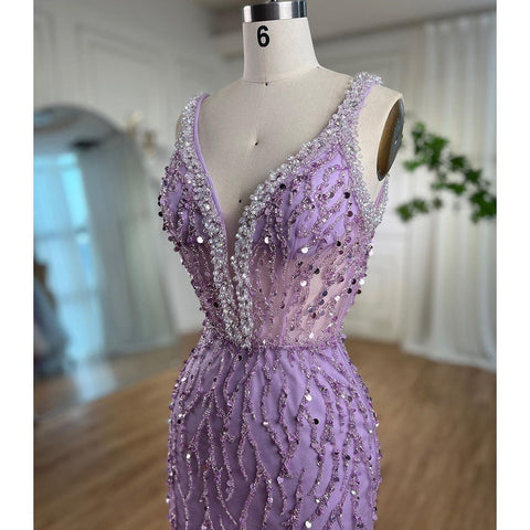 Pink Mermaid Sexy High Split V Neck Evening Dresses Feather Beaded Gowns Long 2025 For Women Wedding Party LA72152
