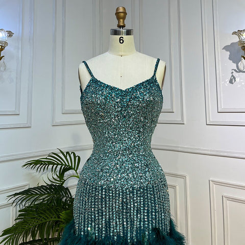 Robe de soirée courte rose style sirène, bretelles spaghetti, perles et plumes, pour femme, modèle LA72039, 2025 