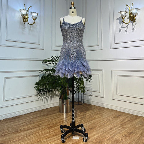 Robe de soirée courte rose style sirène, bretelles spaghetti, perles et plumes, pour femme, modèle LA72039, 2025 