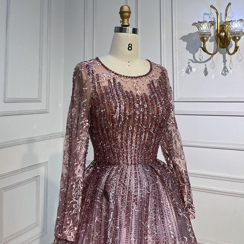 Pink Muslim A Line Long Sleeves Evening Dresses Arabic Luxury Beaded Gowns 2025 For Women Wedding Party LA70552A