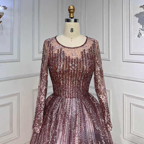 Pink Muslim A Line Long Sleeves Evening Dresses Arabic Luxury Beaded Gowns 2025 For Women Wedding Party LA70552A