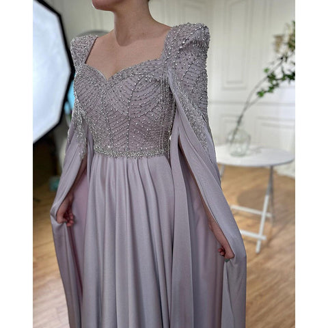 Pink Muslim Elegant Mermaid Cape Sleeves Evening Dresses Tassel Beaded Gowns 2025 For Women Wedding Party LA72159