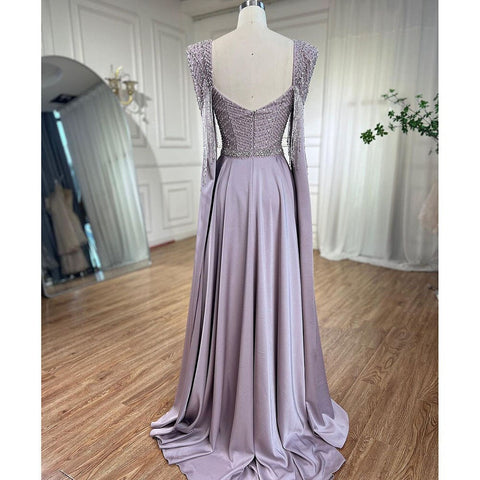 Pink Muslim Elegant Mermaid Cape Sleeves Evening Dresses Tassel Beaded Gowns 2025 For Women Wedding Party LA72159