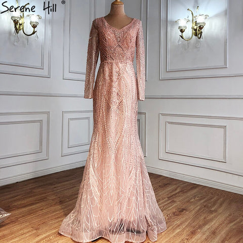 Pink Muslim Luxury Evening Dresses Gowns 2025 Mermaid  Beaded Elegant For Women Wedding Party LA71182