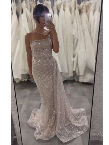 Pink One Shoulder Beaded Evening Gown With Overskirt for Formal Occasion LA72887 2025