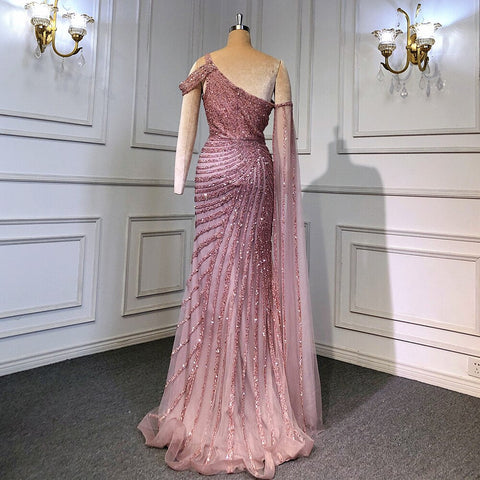 Pink One-Shoulder Cape Sleeve Evening Dresses Gowns 2025 Luxury Mermaid Beaded Elegant For Women Party LA71589