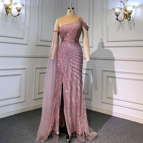 Pink One-Shoulder Cape Sleeve Evening Dresses Gowns 2025 Luxury Mermaid Beaded Elegant For Women Party LA71589