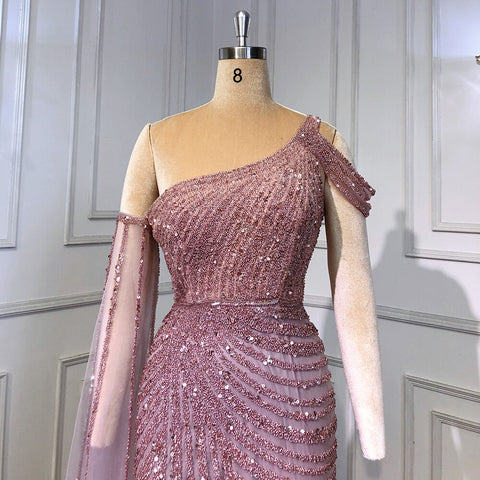 Pink One-Shoulder Cape Sleeve Evening Dresses Gowns 2025 Luxury Mermaid Beaded Elegant For Women Party LA71589