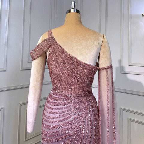 Pink One-Shoulder Cape Sleeve Evening Dresses Gowns 2025 Luxury Mermaid Beaded Elegant For Women Party LA71589