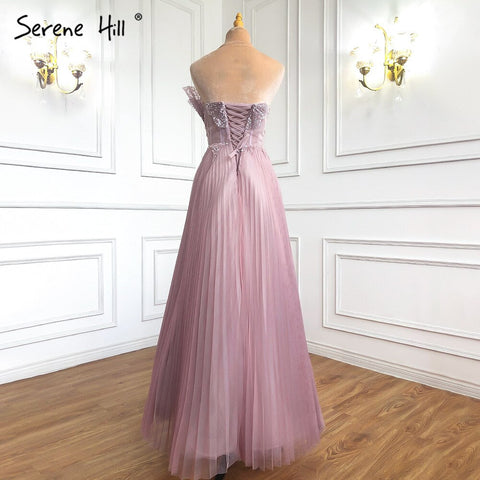 Pink Scalloped Pleats Arabic Evening Dresses Gowns 2025 Long A-line Formal For Women Wedding Party LA71271