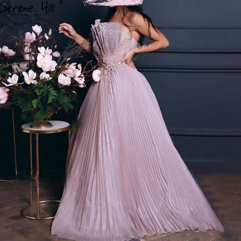 Pink Scalloped Pleats Arabic Evening Dresses Gowns 2025 Long A-line Formal For Women Wedding Party LA71271