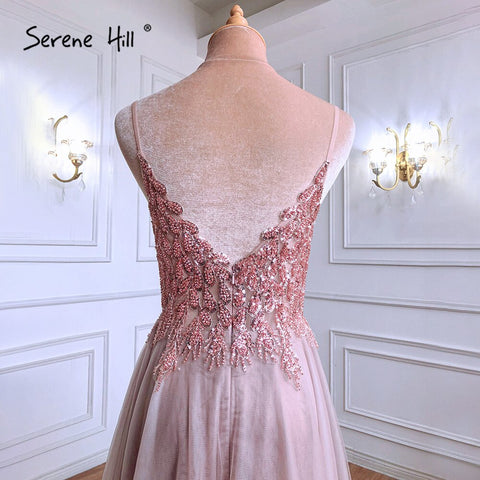 Pink Sexy A-Line Prom Dresses 2025 Spaghetti Strap Beaded Simple Prom Party Dress LA71287