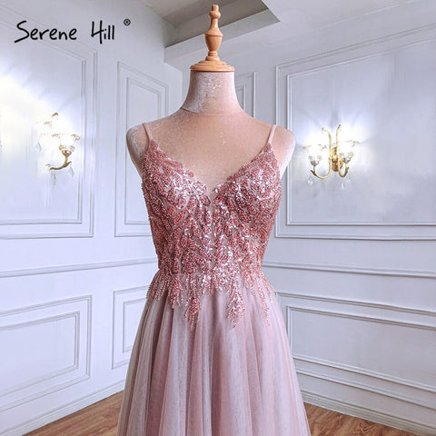 Pink Sexy A-Line Prom Dresses 2025 Spaghetti Strap Beaded Simple Prom Party Dress LA71287