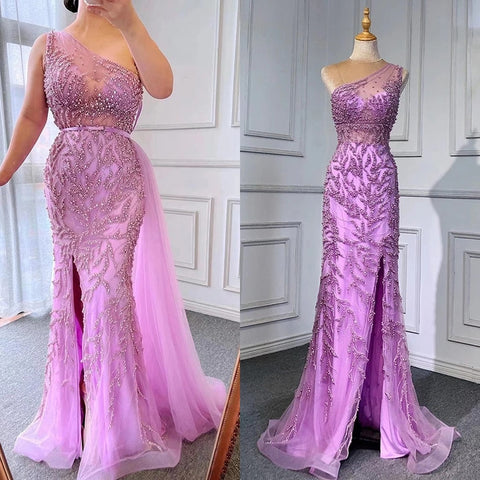 Pink Sexy High Split Mermaid Elegant Evening Dresses Gowns Luxury Beaded 2025 For Women Party LA71582