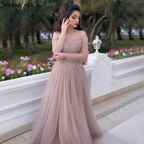 Pink Sexy Prom Dresses Long 2025 Beaded Long Sleeves Sexy A-Line Graduation School Party Gown LA71222