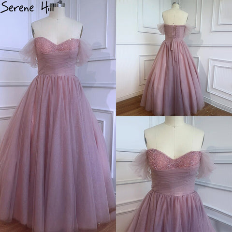 Robe de soirée rose simple sans manches, décolleté en cœur, perles, longueur cheville, modèle 2025 LA70702 