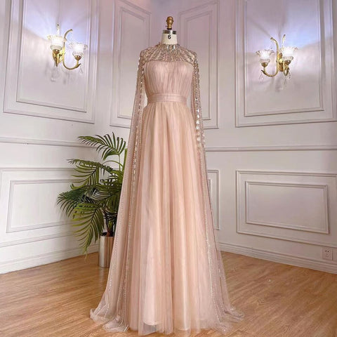 Purple Arabic A-Line Beaded Sexy Luxury Cape Sleeves High Neck Evening Dresses Gowns 2025 For Women Party LA71764