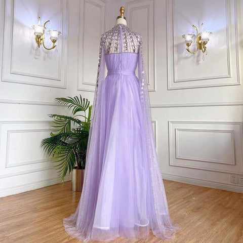 Purple Arabic A-Line Beaded Sexy Luxury Cape Sleeves High Neck Evening Dresses Gowns 2025 For Women Party LA71764